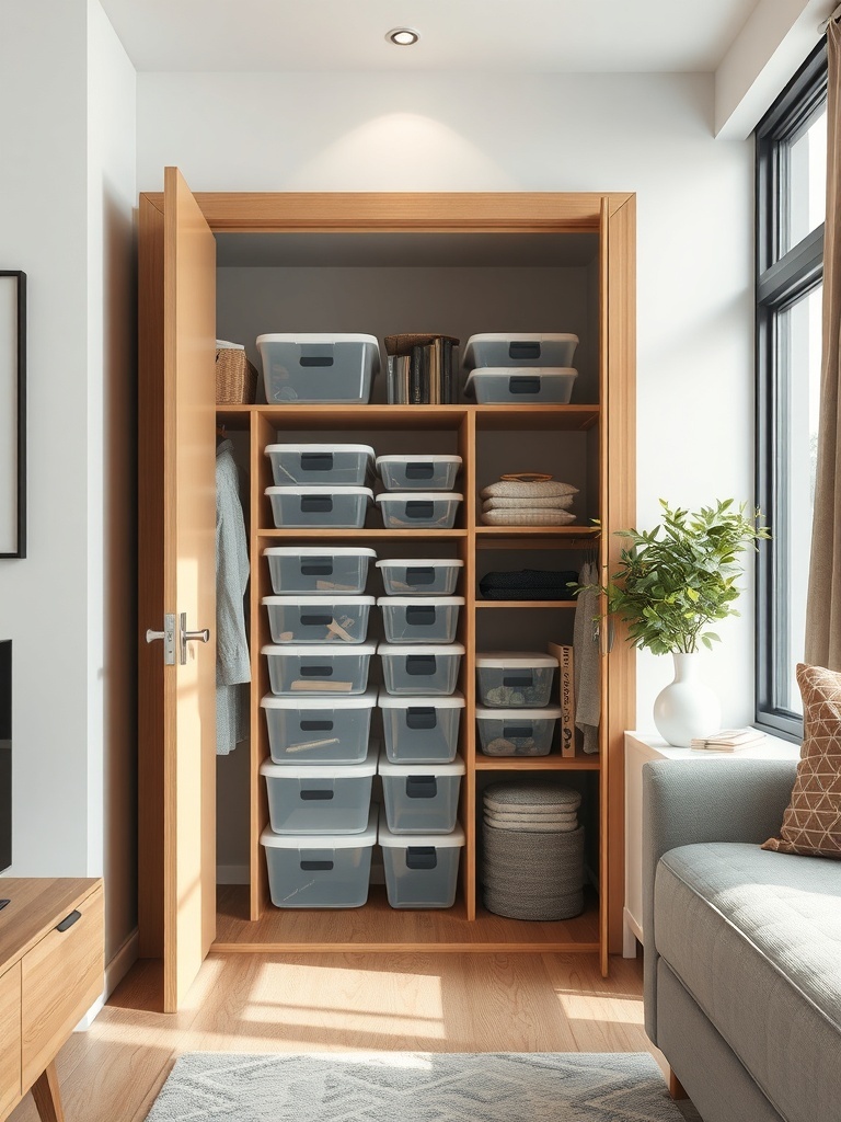 A neatly organized closet with stackable storage containers.