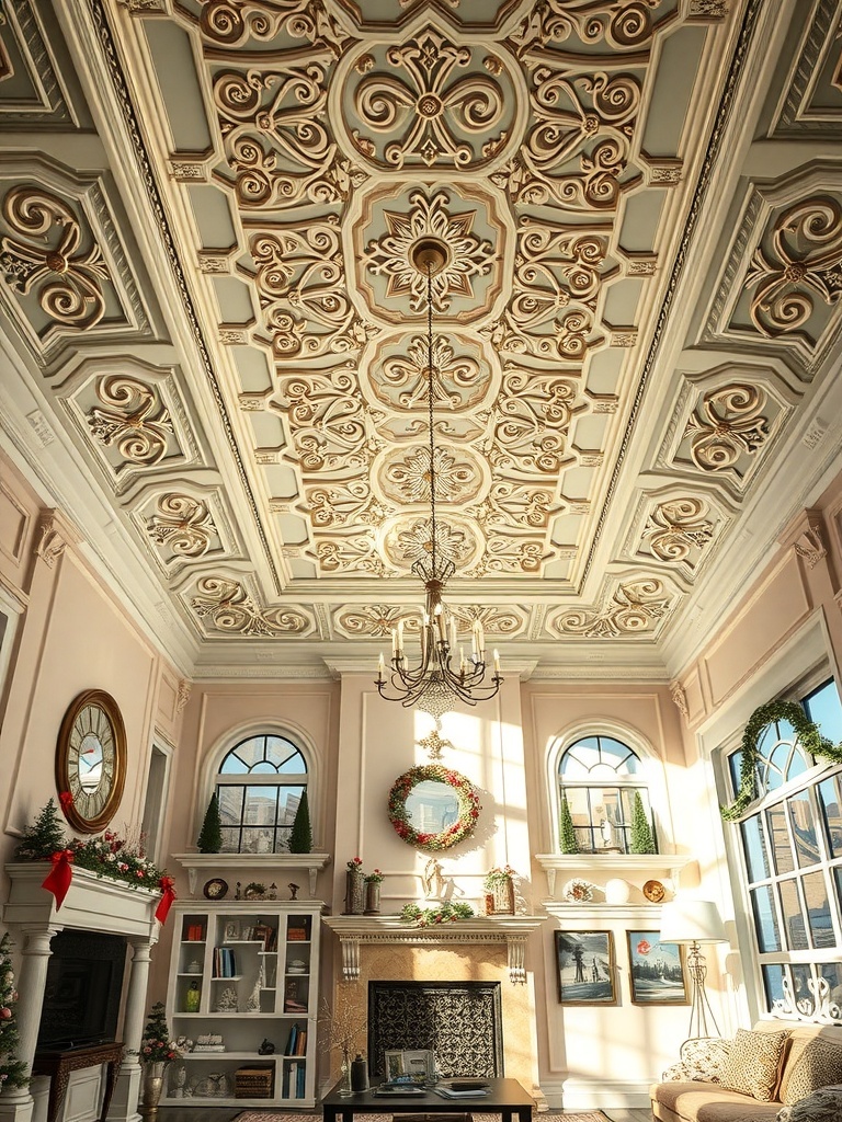 An ornate ceiling with intricate designs and a chandelier in a beautifully decorated living room.