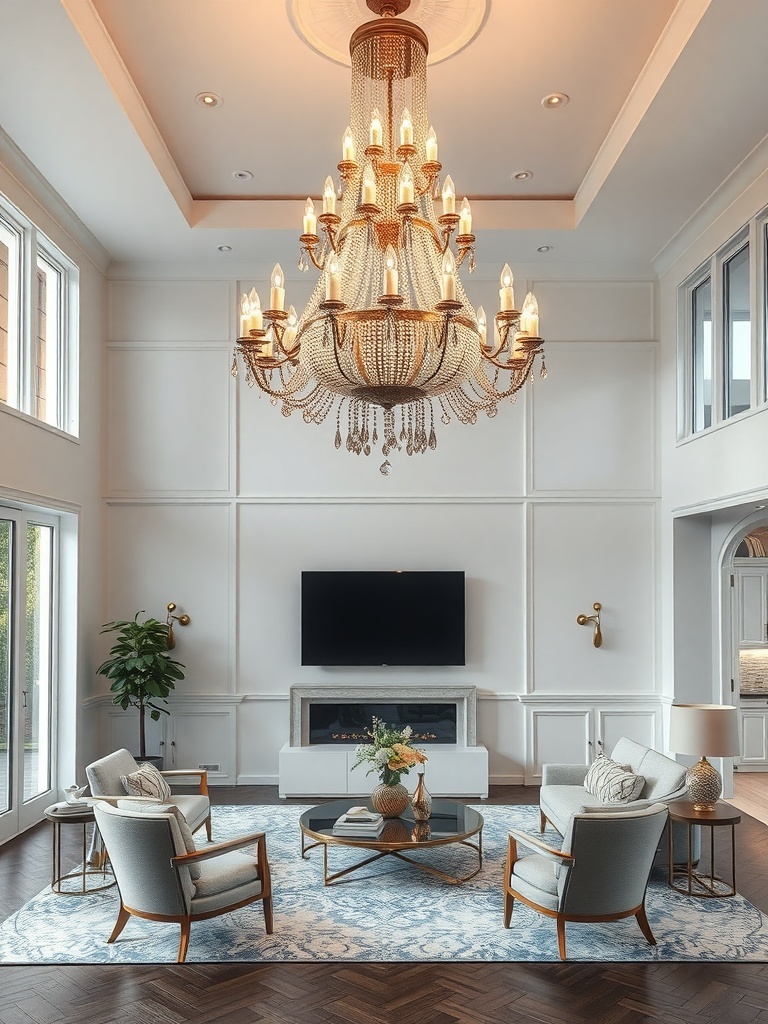 A beautiful chandelier hanging in a bright living room with modern furniture.