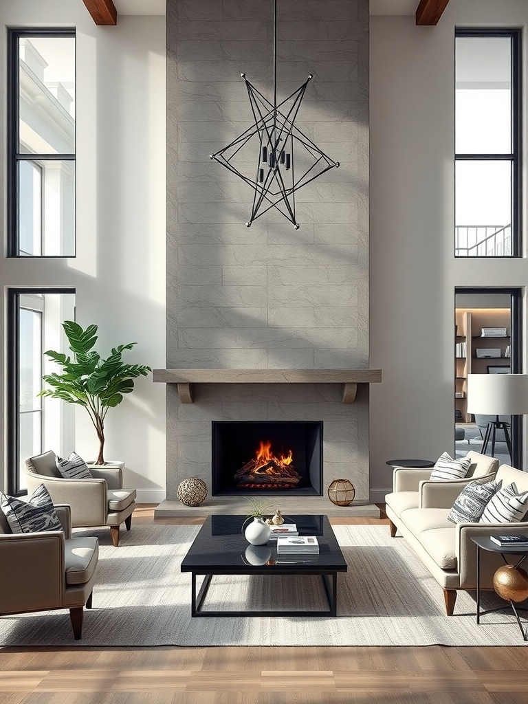A modern living room featuring a stylish statement fireplace, large windows, and comfortable seating.