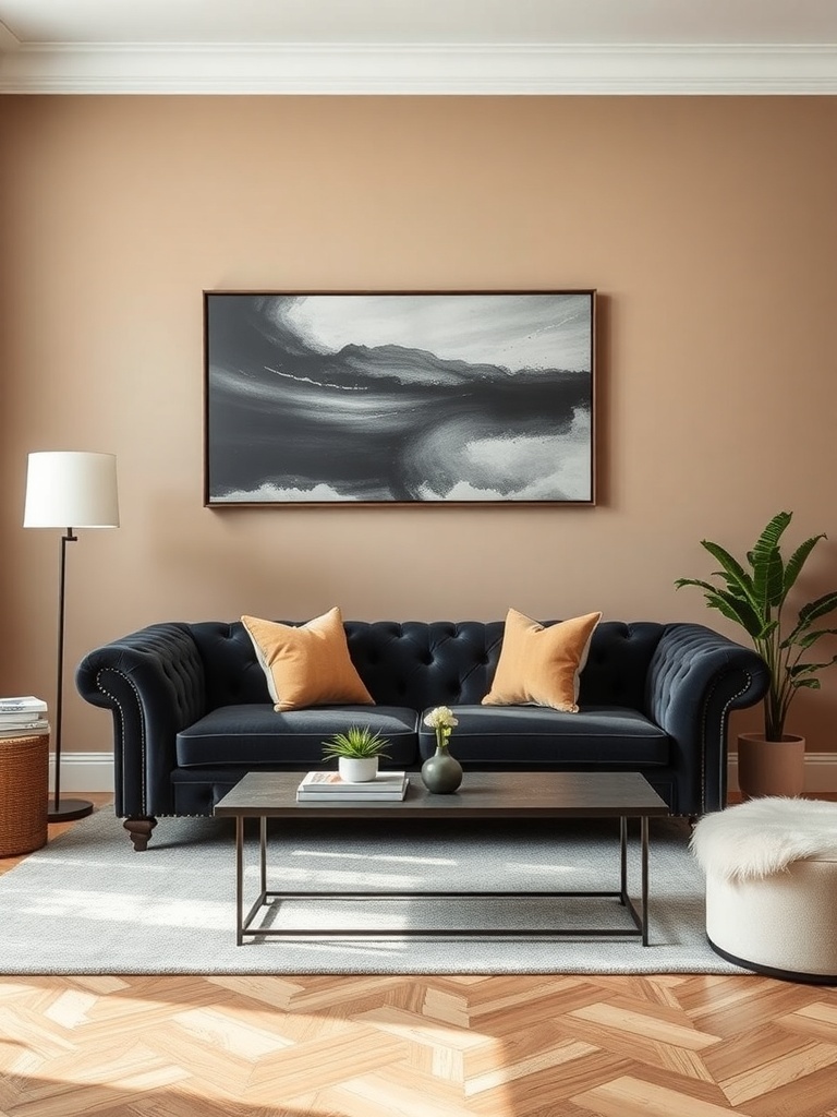 A modern living room featuring a navy blue chesterfield sofa with orange cushions, a sleek coffee table, and abstract wall art.