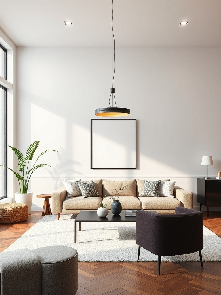 A minimalist living room featuring a modern pendant light, a beige sofa, and a dark coffee table.