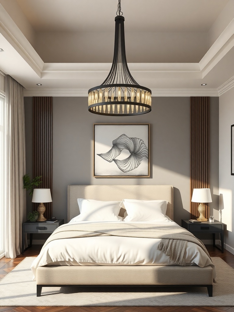 A modern bedroom featuring a stylish chandelier above the bed, with neutral decor and elegant furnishings.
