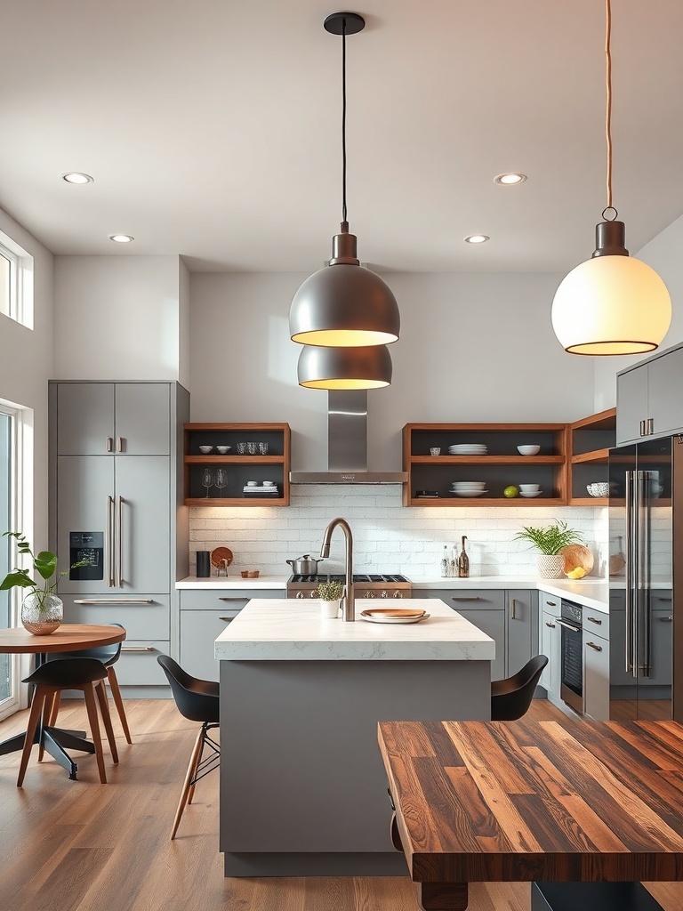 Modern kitchen with statement lighting fixtures above the island.