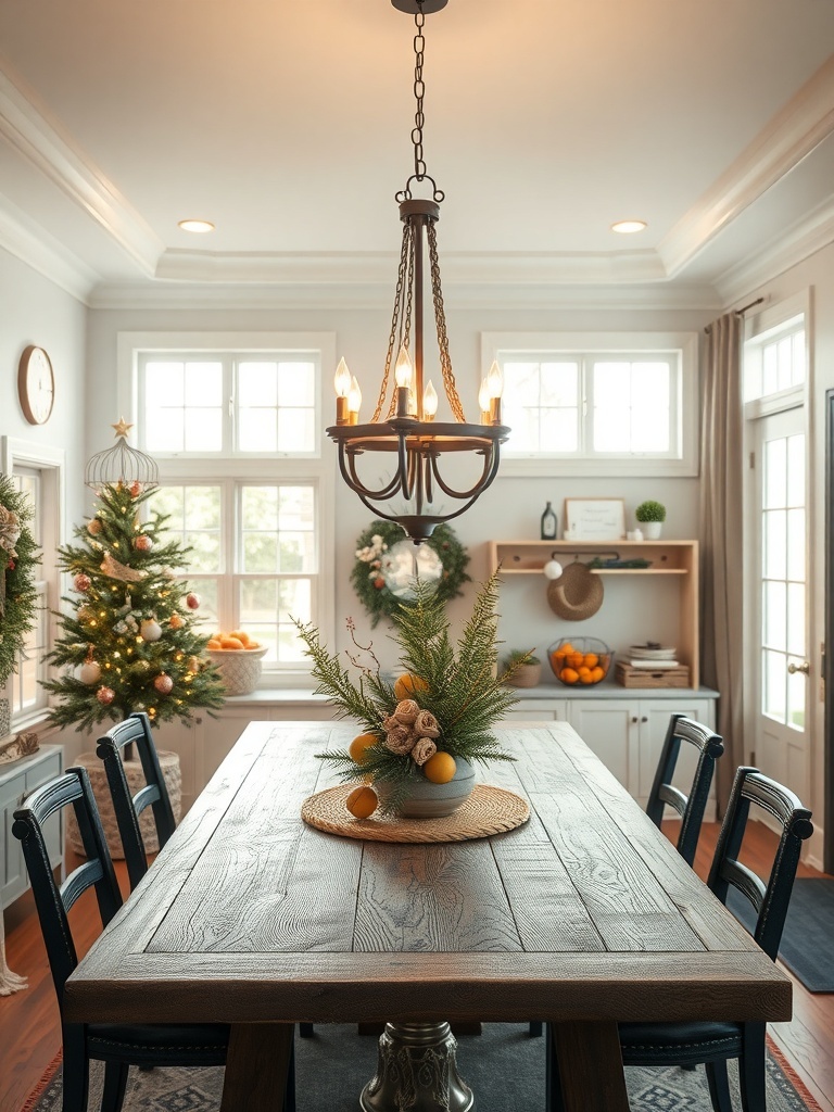 A stylish chandelier hanging above a dining table in a cozy room.