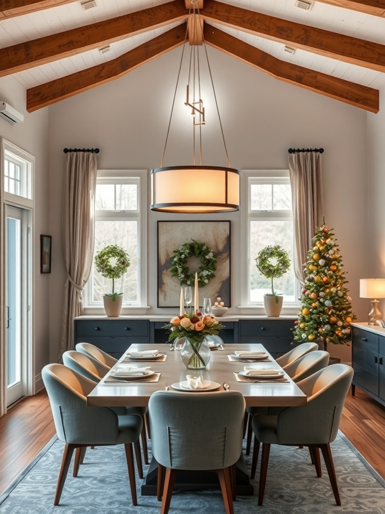 A stylish dining area featuring a large pendant light, modern chairs, and a festive tree.