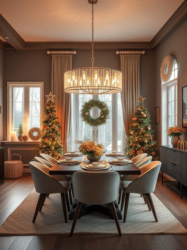 A beautifully decorated dining room with a statement chandelier and Christmas trees.
