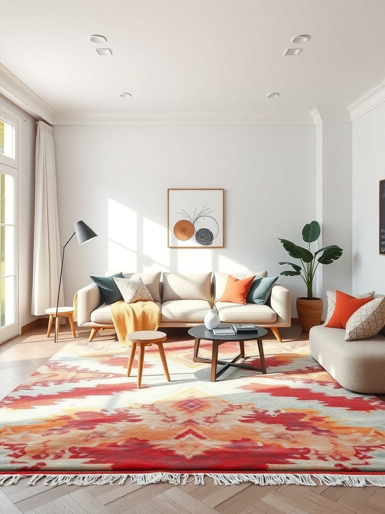 A cozy Scandinavian living room featuring a vibrant statement rug.