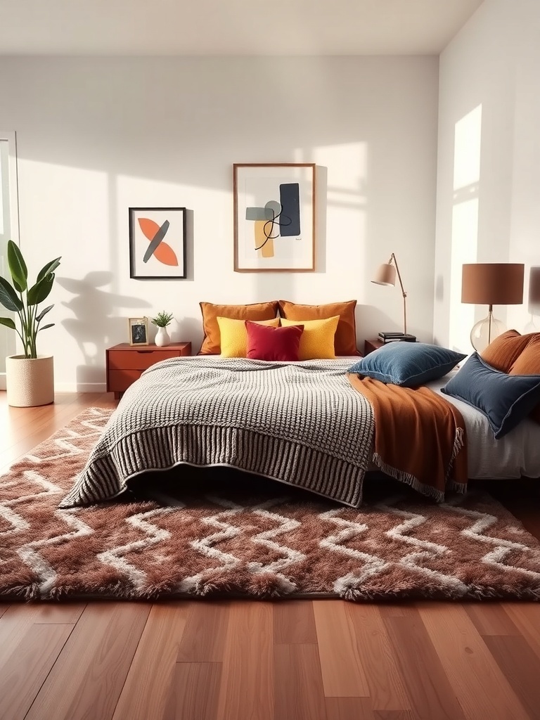 Cozy bedroom featuring a statement rug with a bold pattern, layered bedding, and wall art.