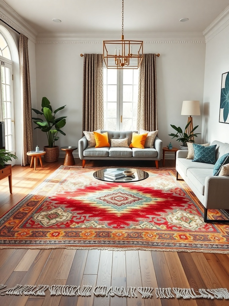 A boho living room featuring a colorful statement rug with intricate patterns.