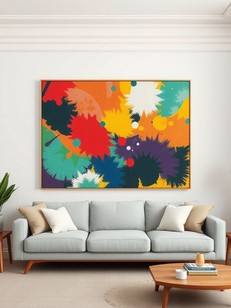 Colorful abstract wall art above a light blue sofa in a cozy living room