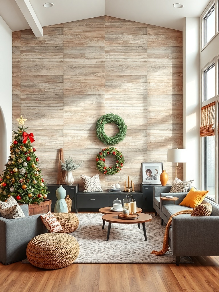 Cozy living room with a wooden statement wall, decorated for the holidays.