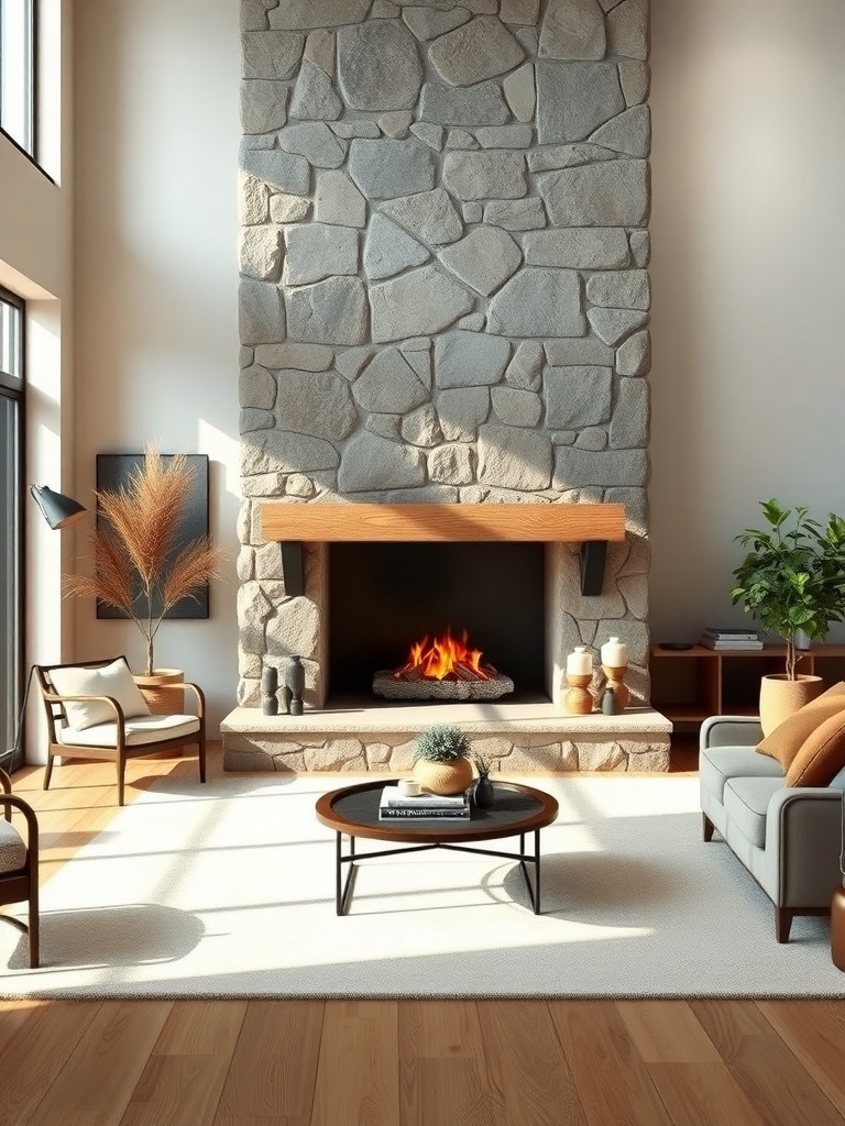 A cozy living room featuring a large stone fireplace, wooden mantel, and comfortable seating.