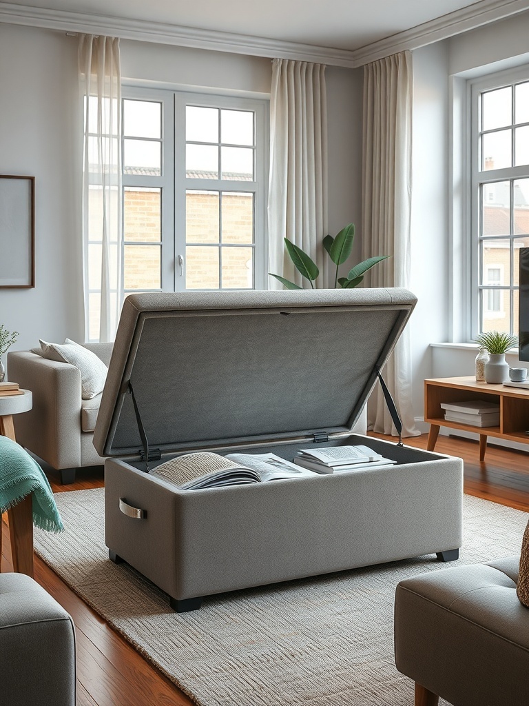 A stylish storage ottoman in a cozy living room setting.