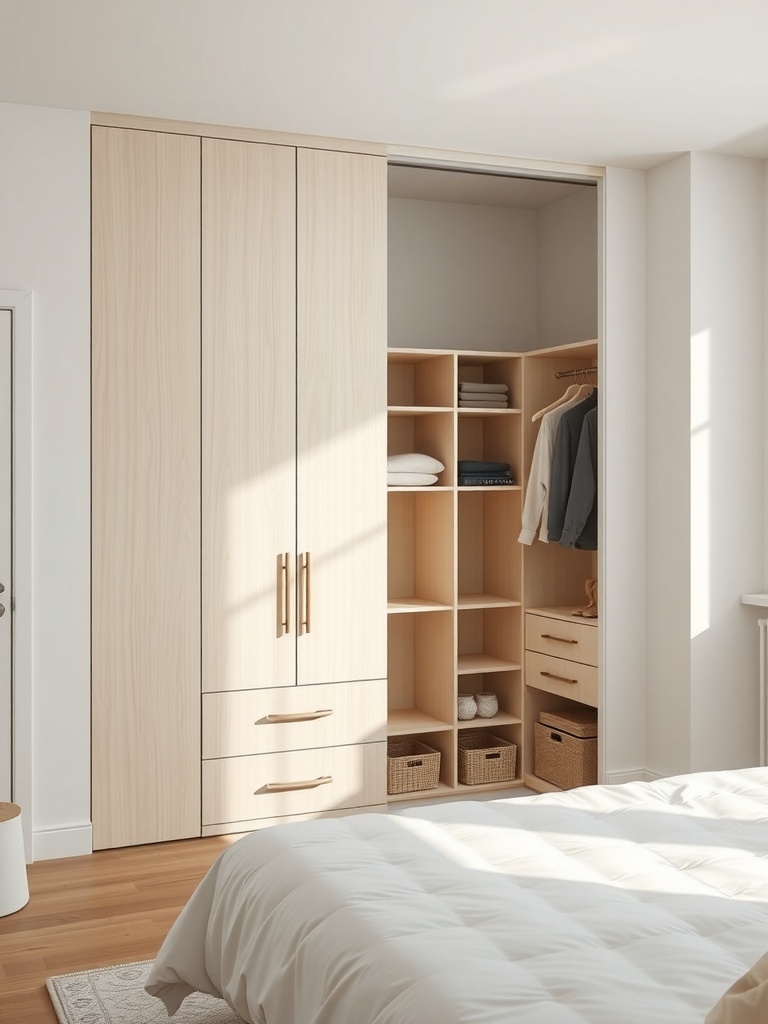 A minimalist closet with light wood finish, featuring open shelving, hanging space for clothes, and drawers for storage.