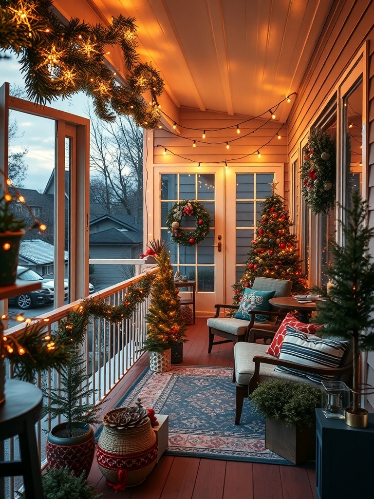 A beautifully decorated balcony with string lights, plants, and cozy seating.