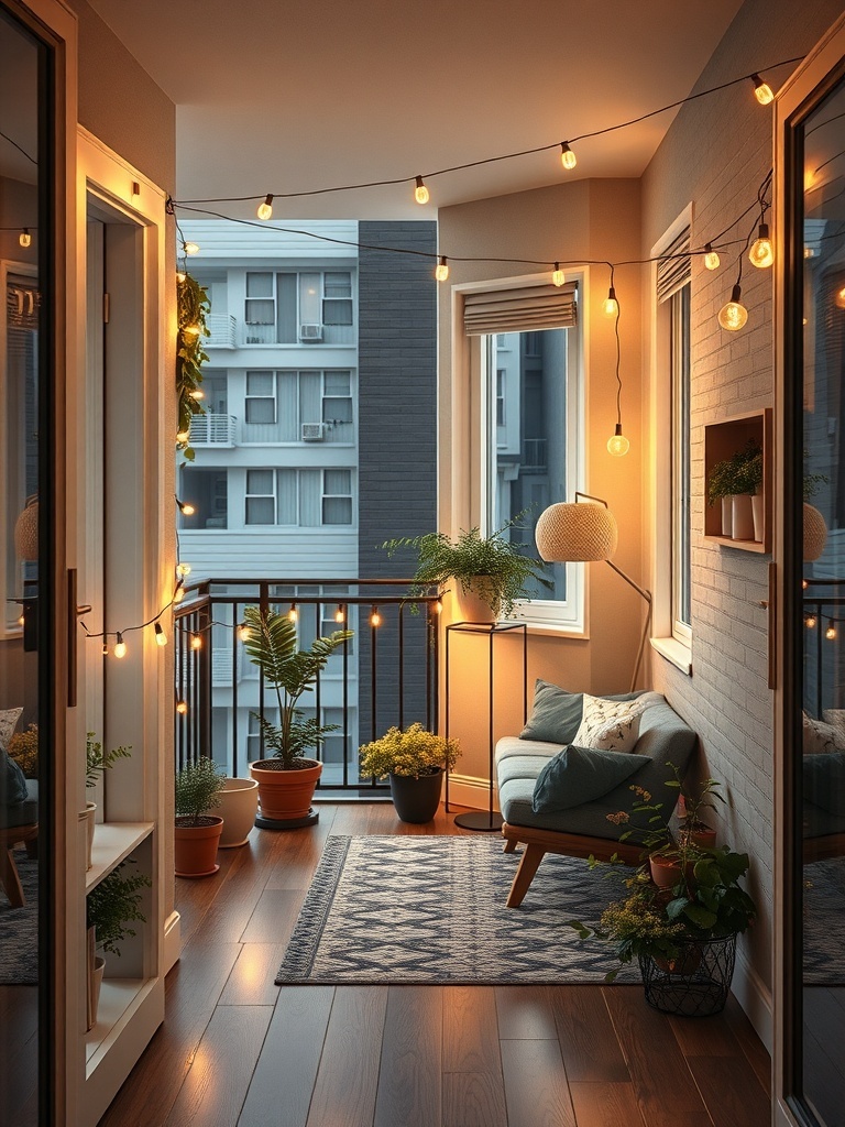 A cozy balcony with string lights, plants, and a comfortable chair.