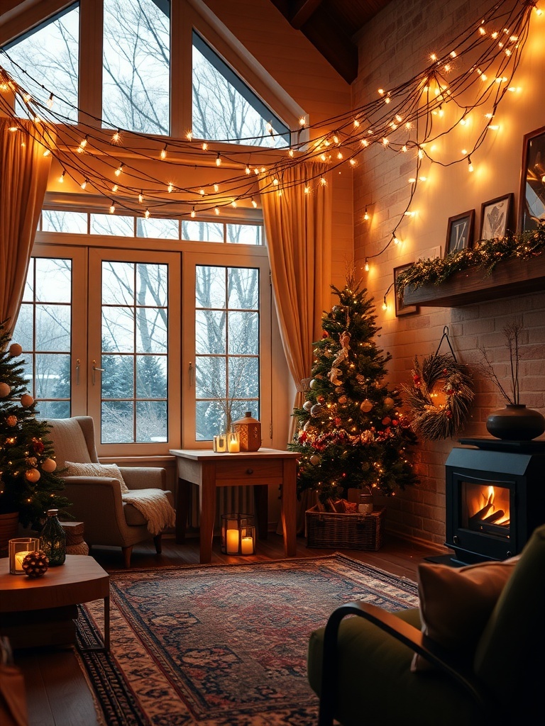 A cozy living room decorated with string lights and a Christmas tree.