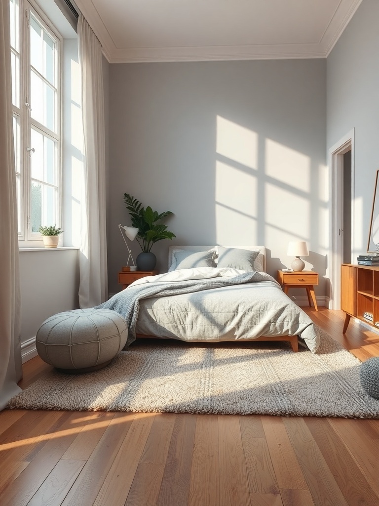 A cozy bedroom featuring a soft area rug, a bed with light blue bedding, and wooden furniture.