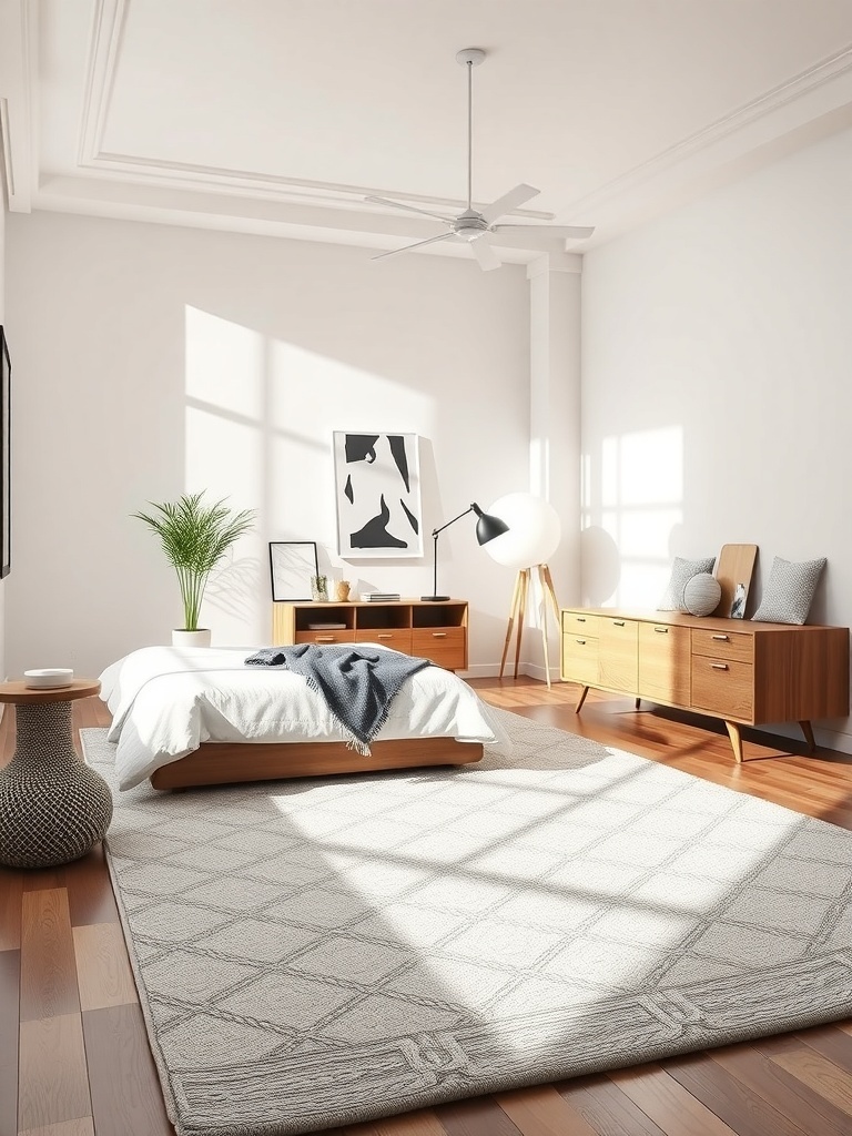 A minimalist bedroom featuring a light-colored area rug with a geometric pattern, a wooden bed, and modern furniture.