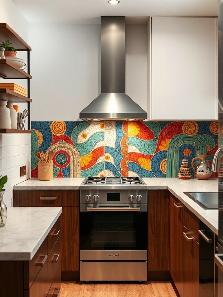 A small kitchen featuring a colorful and artistic backsplash with swirls and patterns, complemented by modern appliances and wooden cabinetry.