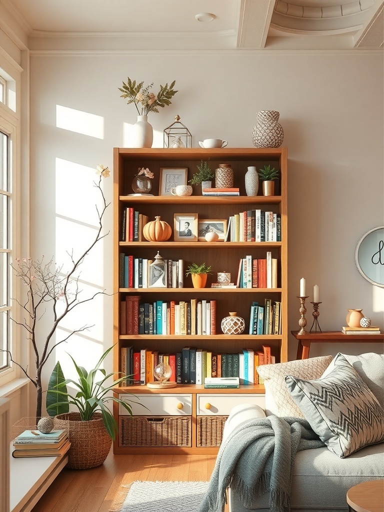 A stylish bookshelf filled with books, plants, and decorative items in a bright living room.