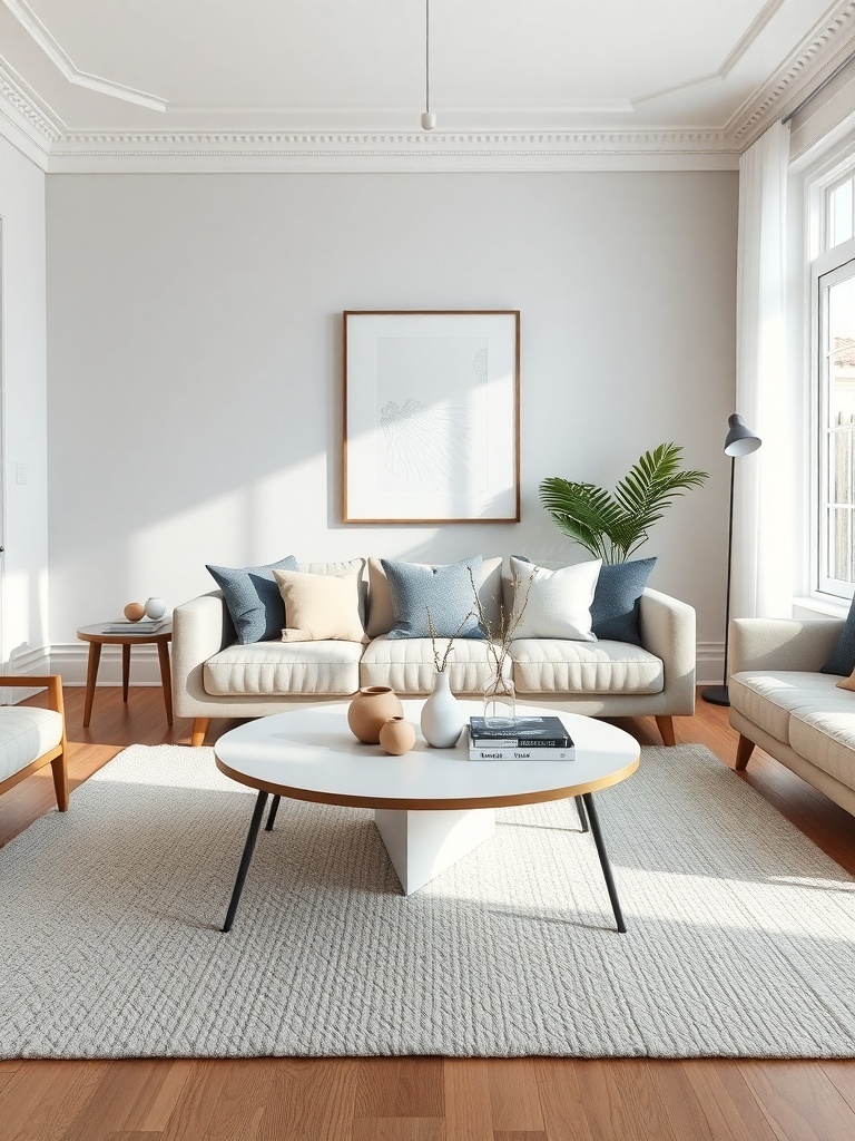 A stylish Scandinavian living room featuring a round coffee table with a minimalist design.