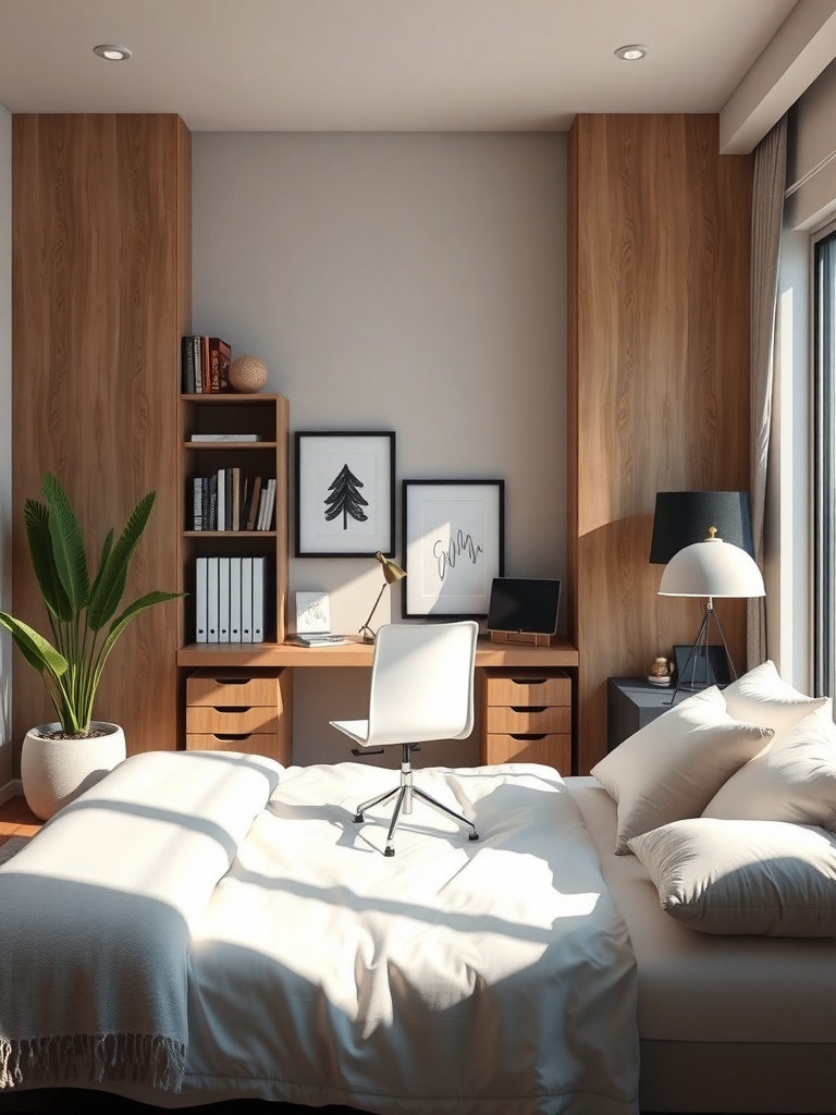 Cozy bedroom with a stylish desk area featuring a wooden desk, white chair, and potted plant.