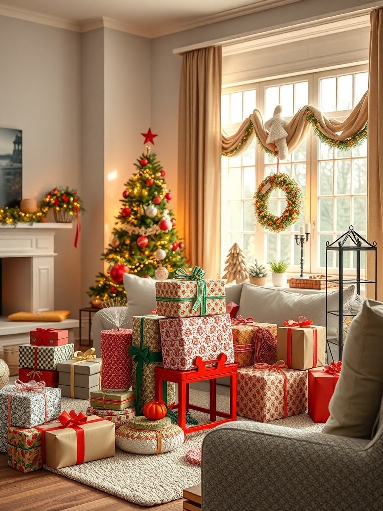 A stylish gift wrapping station with colorful wrapped presents and decorations in a cozy living room.