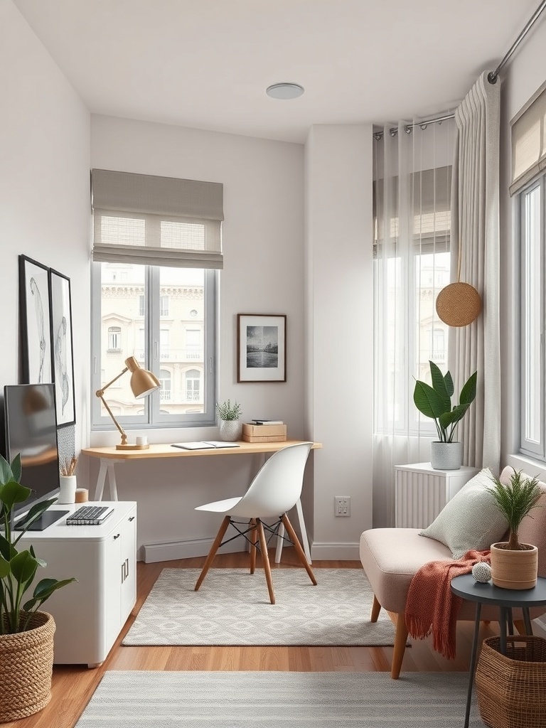 A stylish home office corner with a desk, chair, and plants.