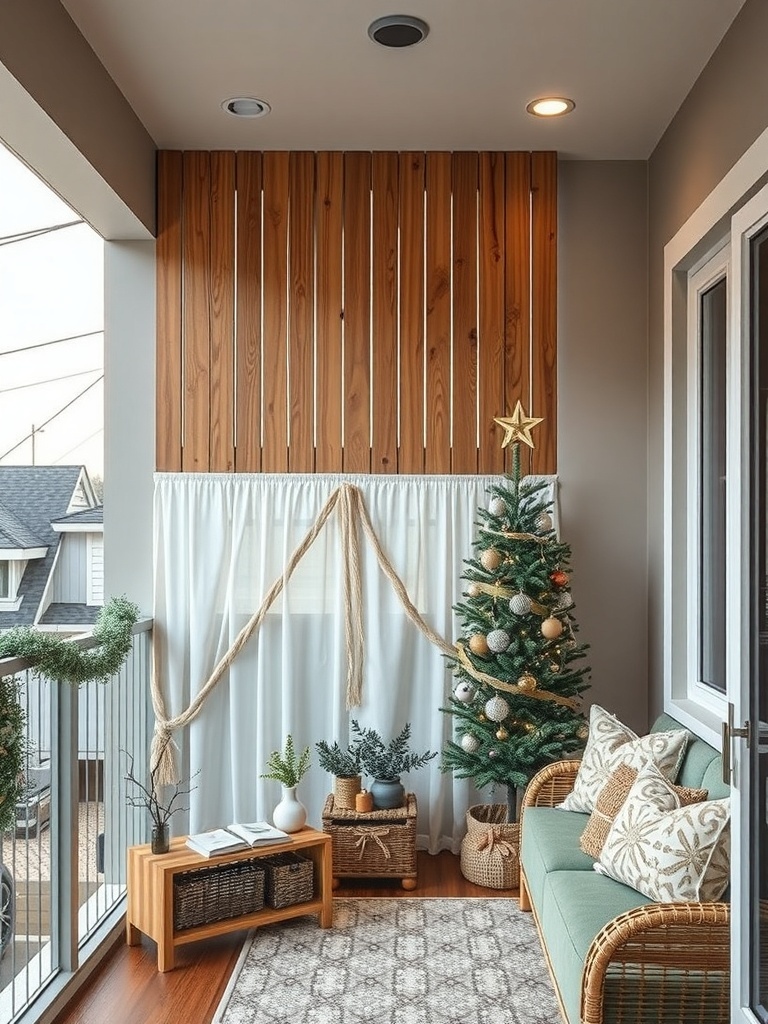 A stylish balcony with wooden privacy screens, a cozy sofa, and decorative elements.