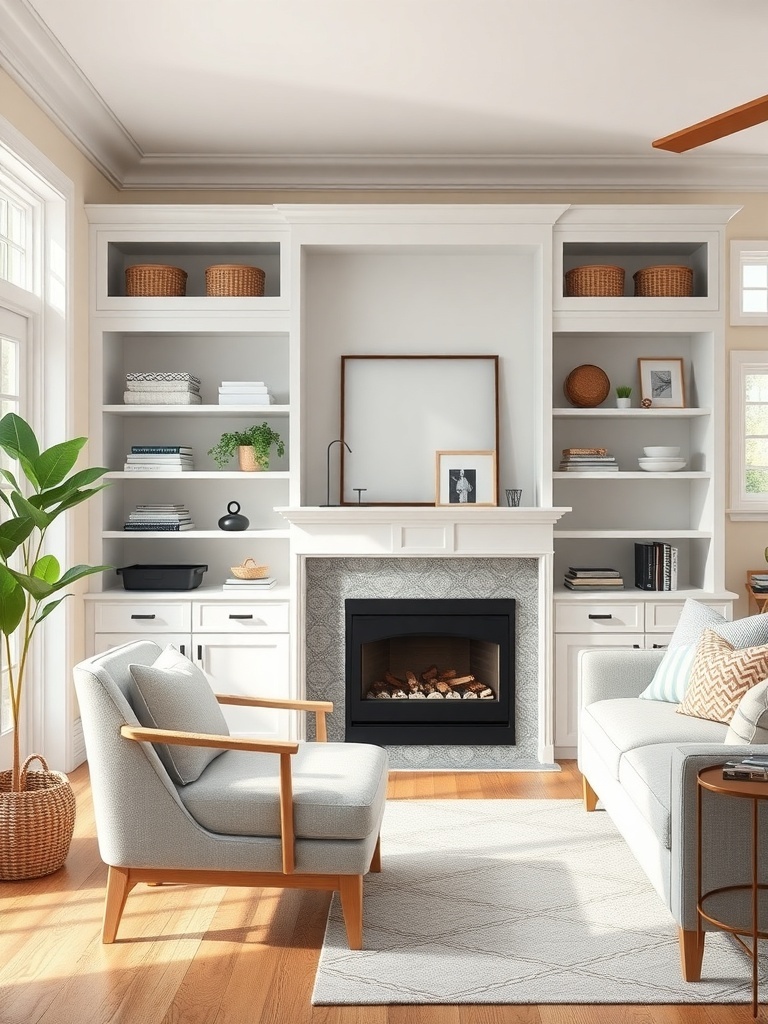 A stylish farmhouse living room featuring open shelves with baskets, a cozy chair, and a fireplace.