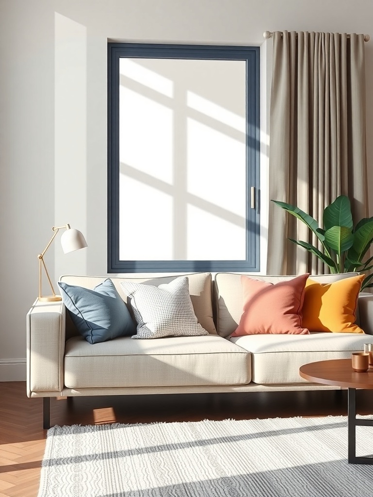 A cozy living room with a sofa decorated with colorful throw pillows.