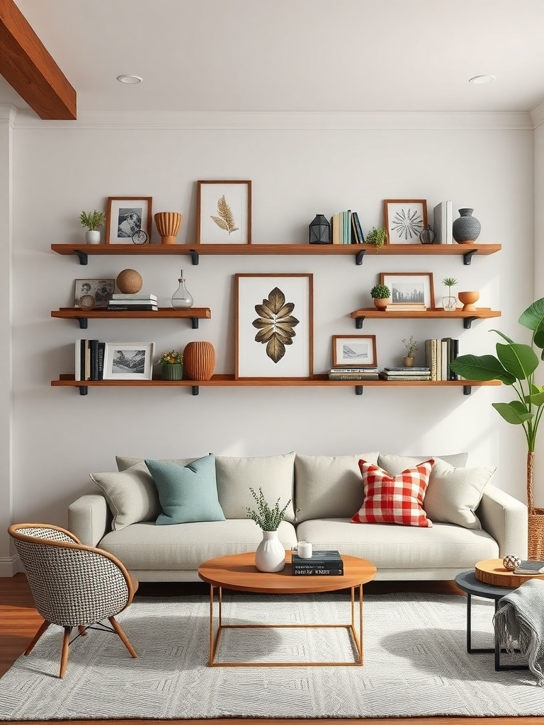 A stylish farmhouse living room featuring wooden wall shelves with decor items.