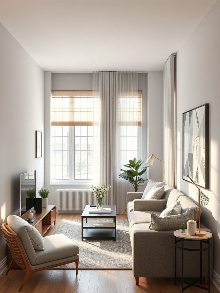 A stylish living room with light-filtering curtains and blinds, showcasing a cozy and bright atmosphere.