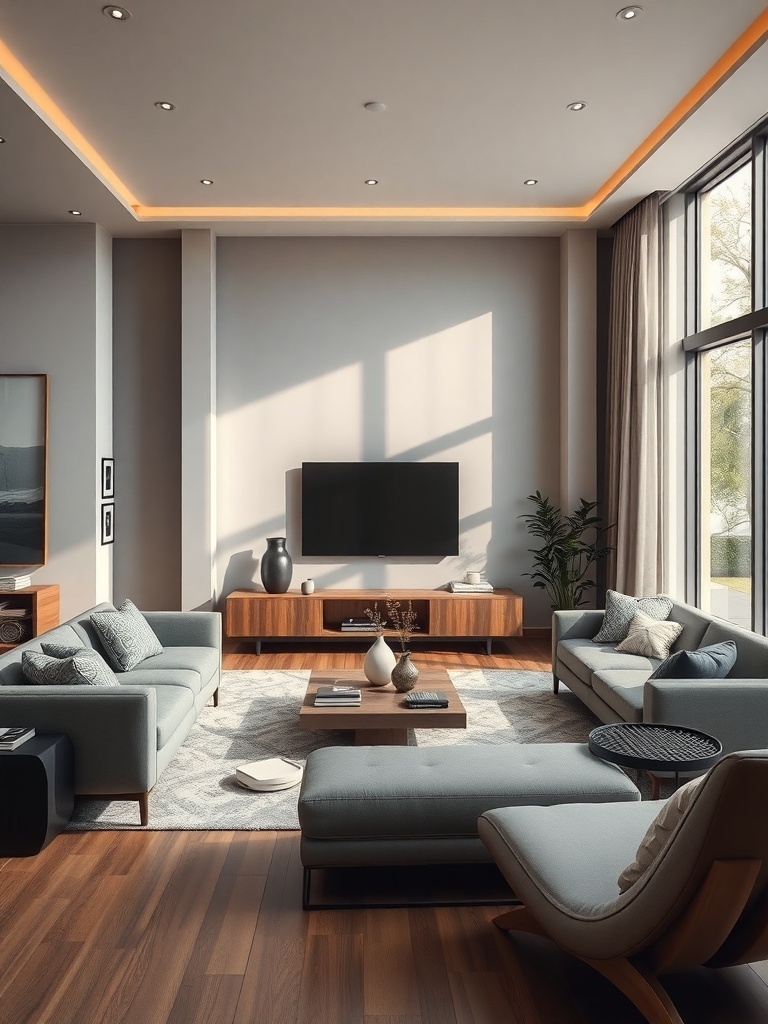 A modern living room featuring gray sofas, wooden furniture, and large windows allowing natural light.
