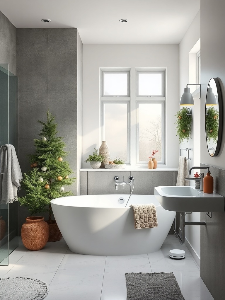 A modern bathroom featuring subtle gray and white tones with a sleek bathtub and festive decor.