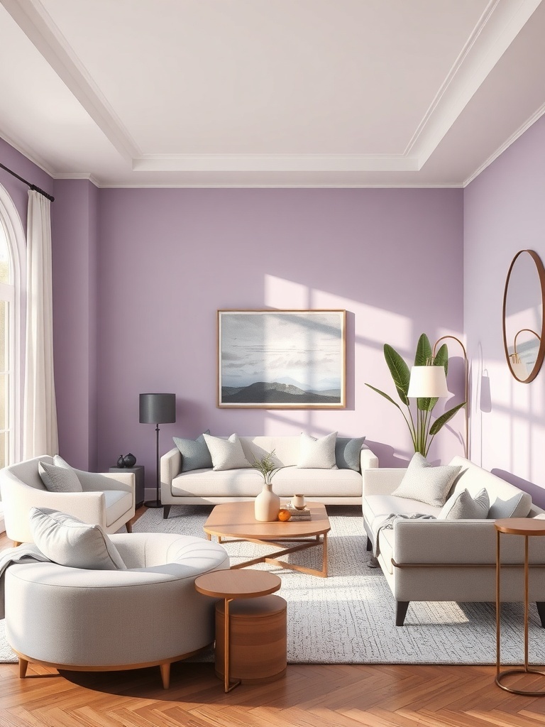A living room with lavender walls, light furniture, and wooden accents.