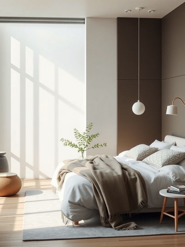 A minimalist bedroom featuring soft textures, light patterns on bedding, a cozy throw, and a plant, with natural light streaming in.