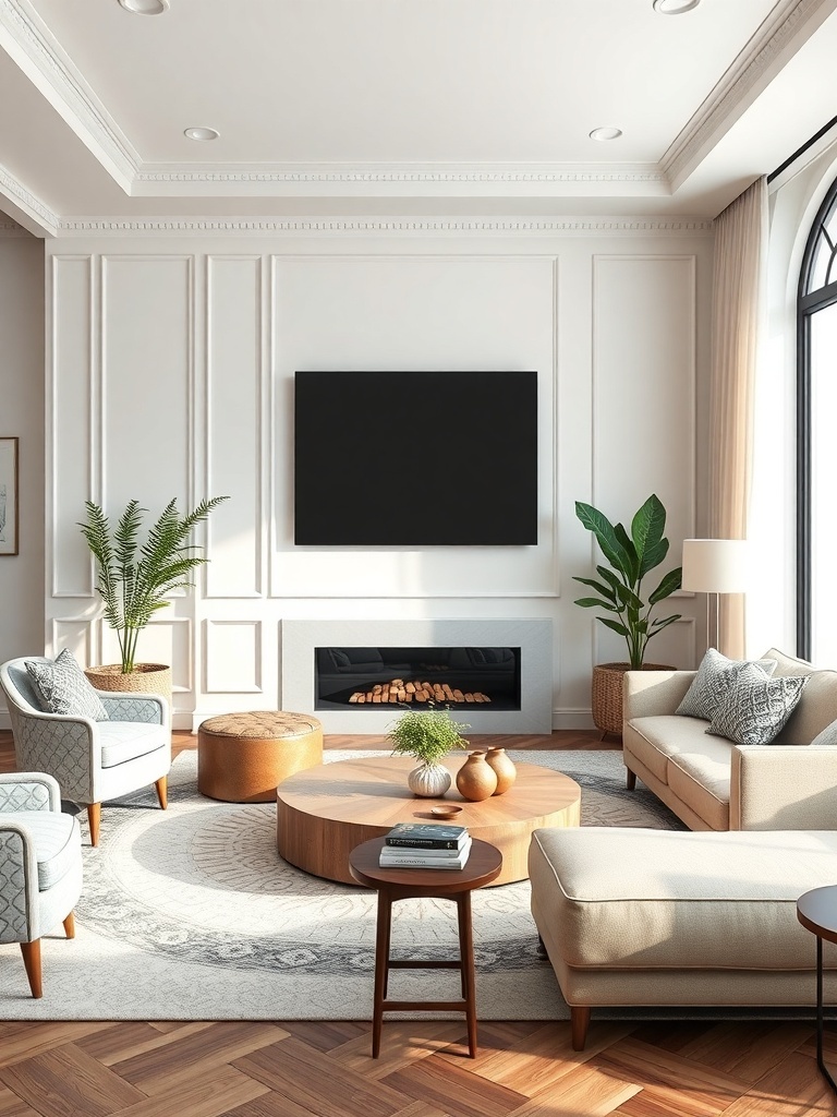 A minimalist living room with subtle patterns, featuring light walls, elegant furniture, and decorative plants.