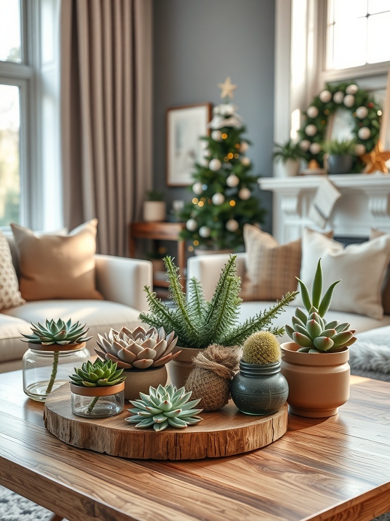 A cozy living room with various succulent arrangements on a wooden table.