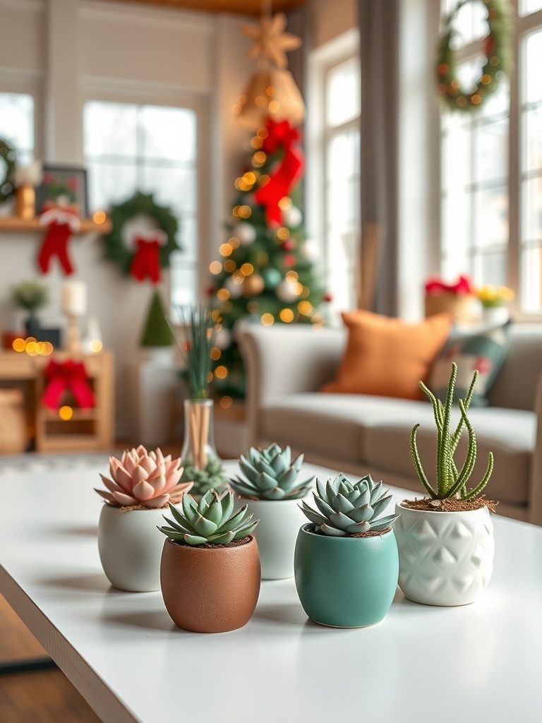 A cozy living room decorated for Christmas with succulent arrangements on a table.