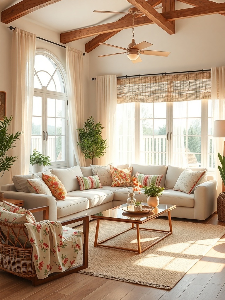 A cozy living room with summer-themed textiles, featuring floral cushions and light throws.