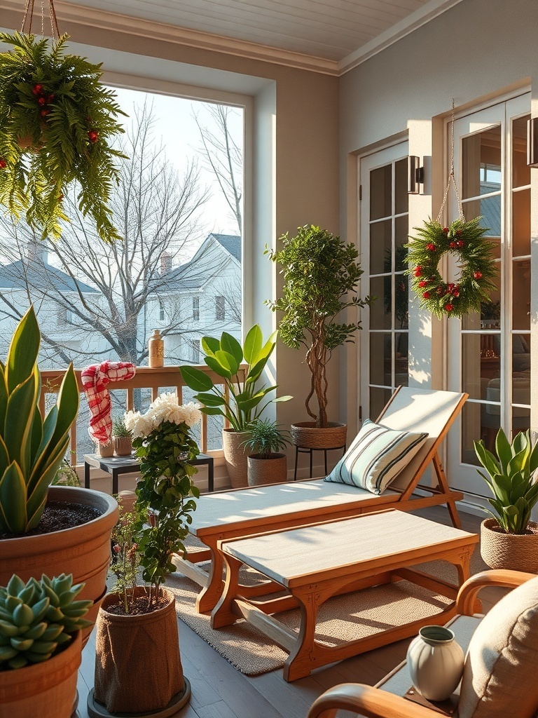 A cozy balcony with sunbathing lounge chairs surrounded by plants.