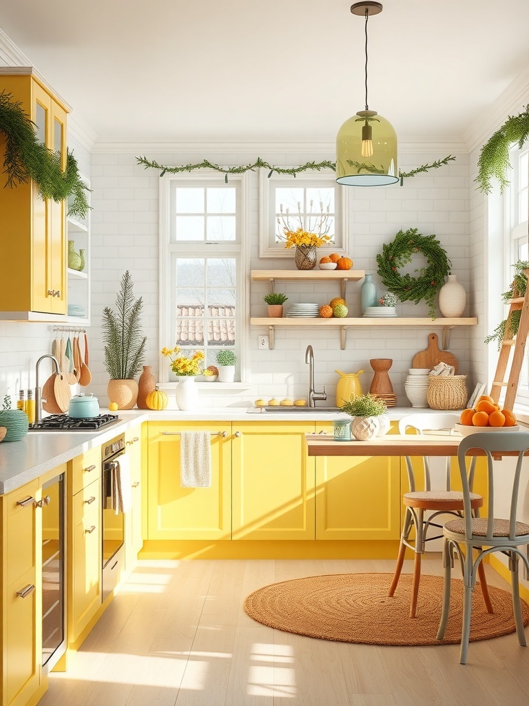 A bright kitchen featuring sunny yellow cabinets and sky blue accents.