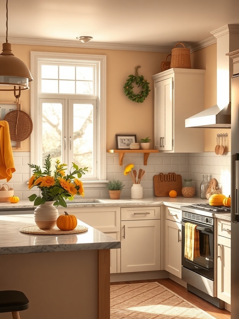 A bright kitchen featuring sunny yellow decor elements, including flowers and accessories.