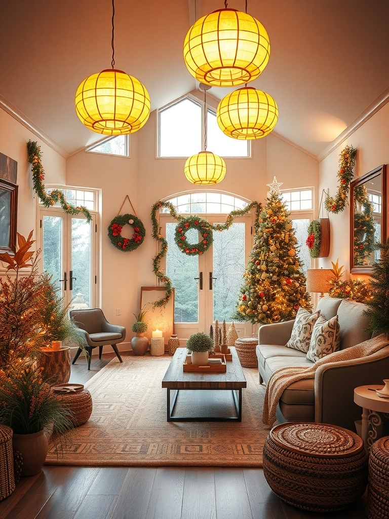 A cozy living room with warm yellow pendant lights and festive decorations.