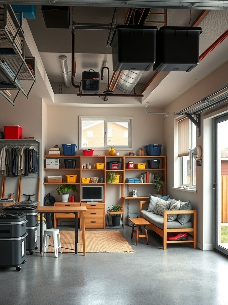 A garage with suspended ceiling storage, showcasing organized bins and shelves.