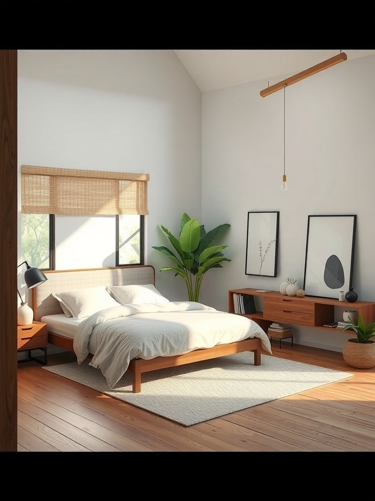 A modern bedroom featuring wooden furniture, natural textiles, and a plant, emphasizing sustainable decor.