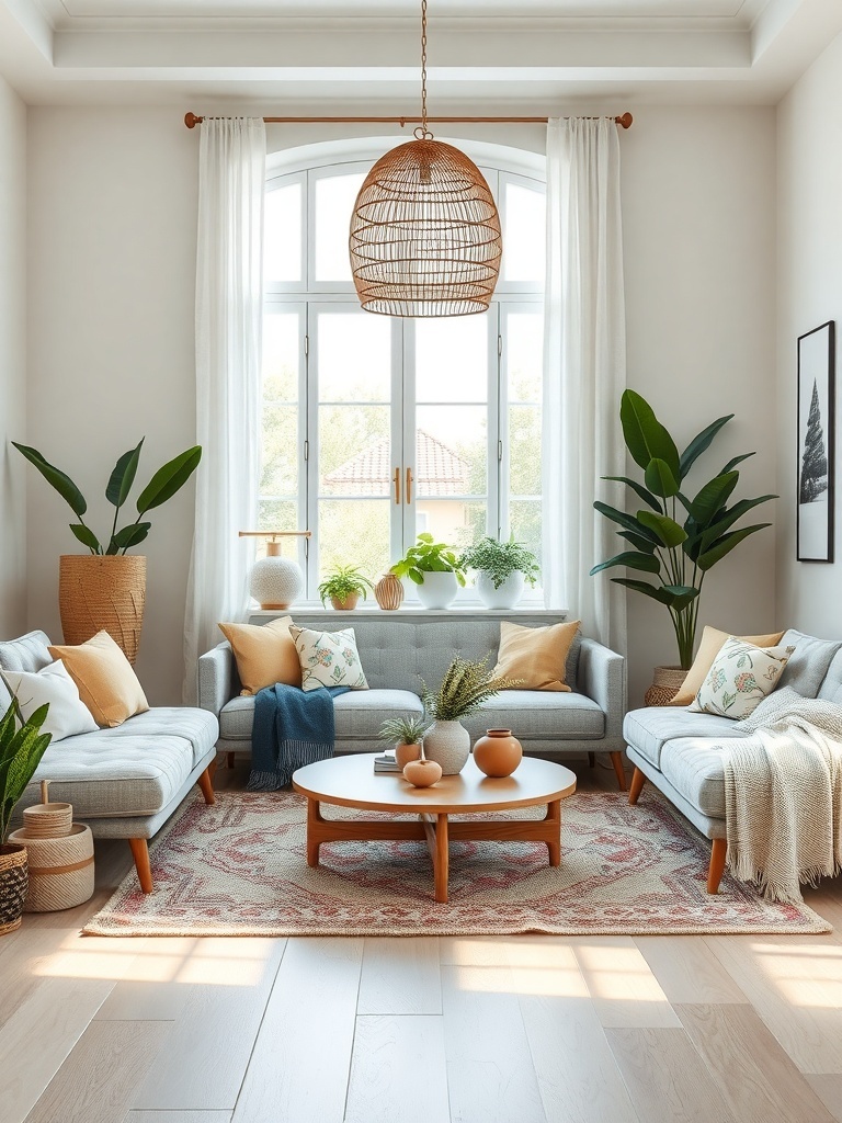 A cozy boho living room with natural materials and plants.